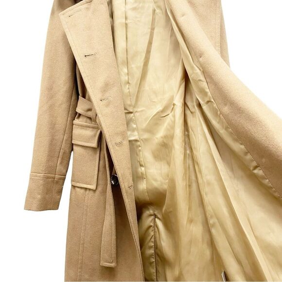 Boston Proper Wool Double Breasted Mid Length Belted Overcoat Camel Tan Size 4 - Picture 6 of 11